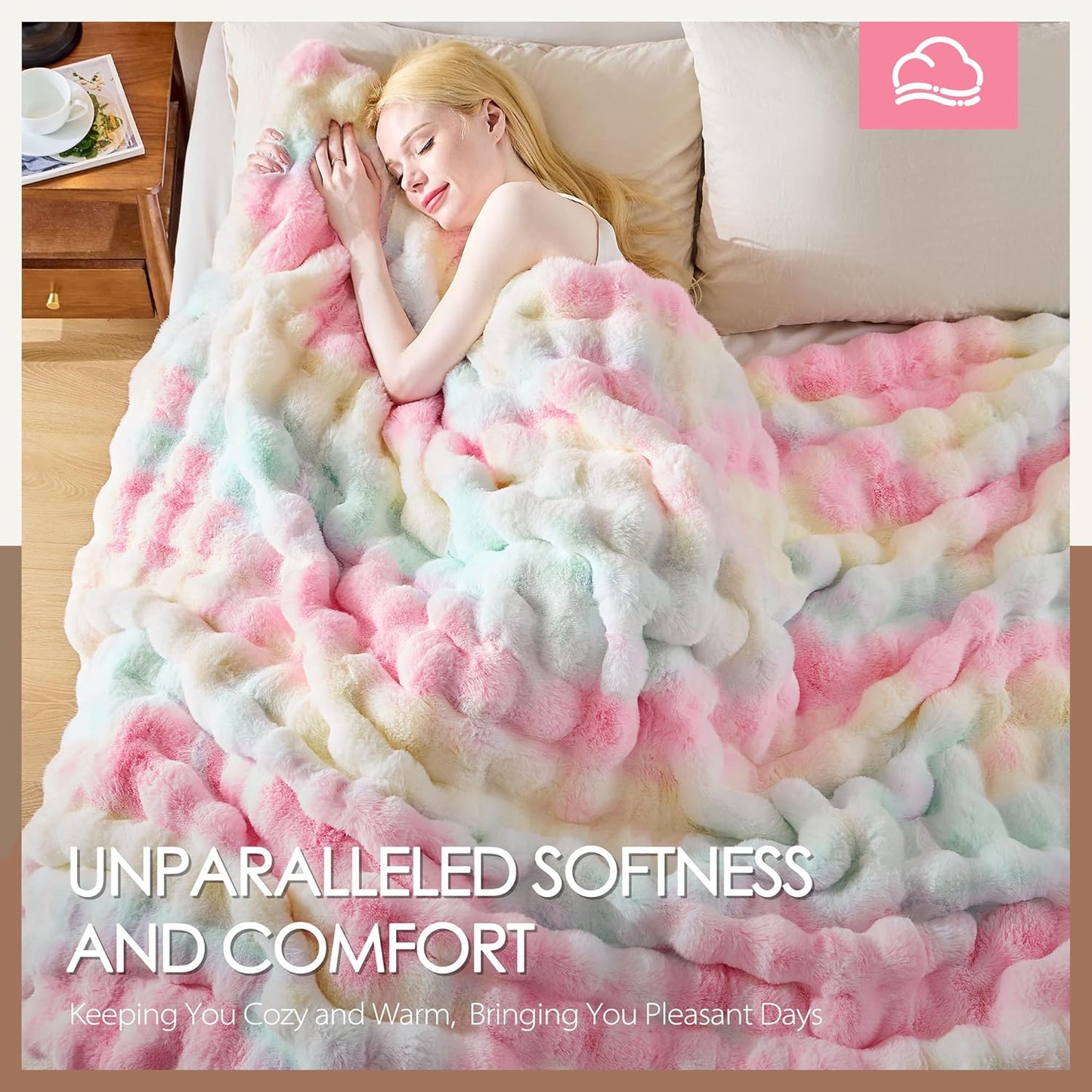 Luxury 1000GSM Faux Rabbit Fur Throw Blanket, Super Heavy Warm Cozy Blankets for Couch Bed Sofa, Bubble Plush Fuzzy Elegant Soft Reversible Mink Blanket for Living Room Bedroom, Rainbow