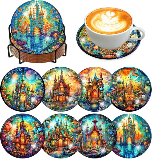 Meothan 8 Pcs Diamond Art Coasters Kits for Adults with Holder Cork Pads, Succulent Diamond Dots Art Painting Coasters Crafts Kit for Home Office Decor (Castle)
