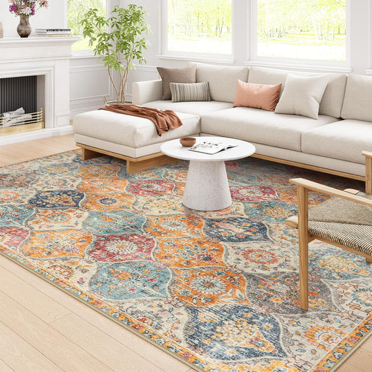 Lahome Moroccan Washable Area Rugs 8x10, 8x10 Rugs for Living Room Bedroom, Ultra-Thin Oriental Non-Slip Foldable Non Shedding Accent Large Carpet for Office Dining Room, Cream/Multi