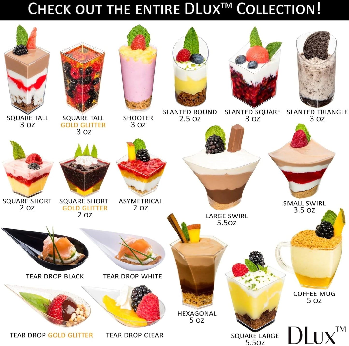 DLux 100 4-in Tear Drop Mini Appetizer Plates with Forks, Reusable Gold Glitter Clear Plastic Spoon - Dessert and Appetizers Dishes Serving Plate - Asian Spoon Set, Small Catering Dessert Tasting Cups