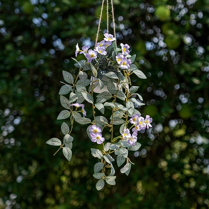 2PCS Artificial Hanging Plant with Pot Faux Hanging Plants Small Hanging Plants Pot with Artificial Vines and Flower Greenery Decoration for Living Room Wall Home Wall Shelf (Purple)