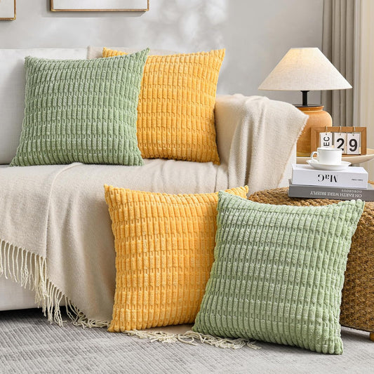 Fancy Homi Set of 4 Spring Boho Decorative Throw Pillow Covers 24x24 Inch for Couch Bed Sofa, Sage Green Yellow Room Decor, Soft Fuzzy Fluffy Cozy Corduroy Textured Cushion Case 60x60cm