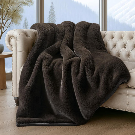 EVERGRACEHOME Luxury Soft Faux Chinchilla Fur Throw Blanket for Couch, Warm Thick Heavy Winter Throw Blanket 1220GSM for Bed, Fluffy Cozy Mink Blanket with Reversible Velvet, Espresso Mink, 50"x60"