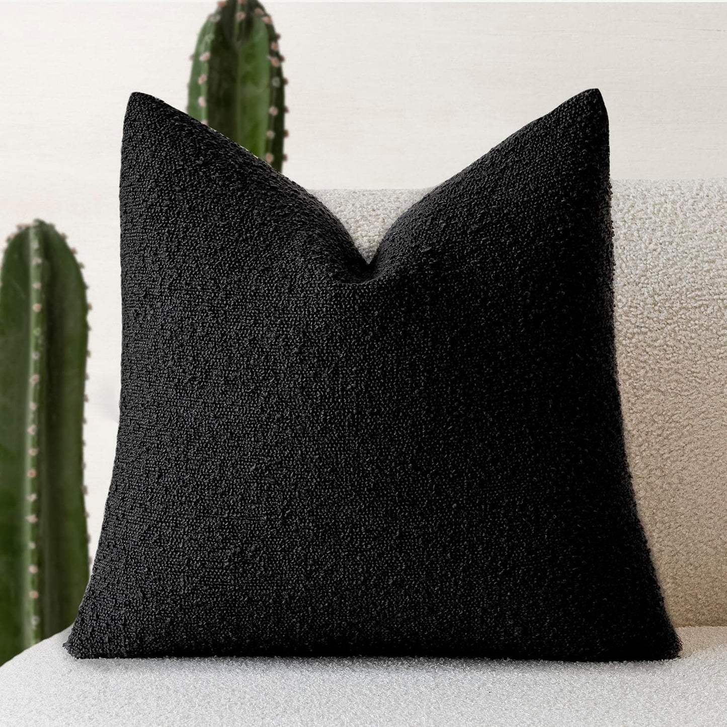Foindtower Decorative Textured Boucle Throw Pillow Covers Accent Solid Pillow Cases Neutral Soft Cozy Couch Cushion Case for Chair Sofa Bedroom Living Room Home Decor 24 x 24 Inch,Black
