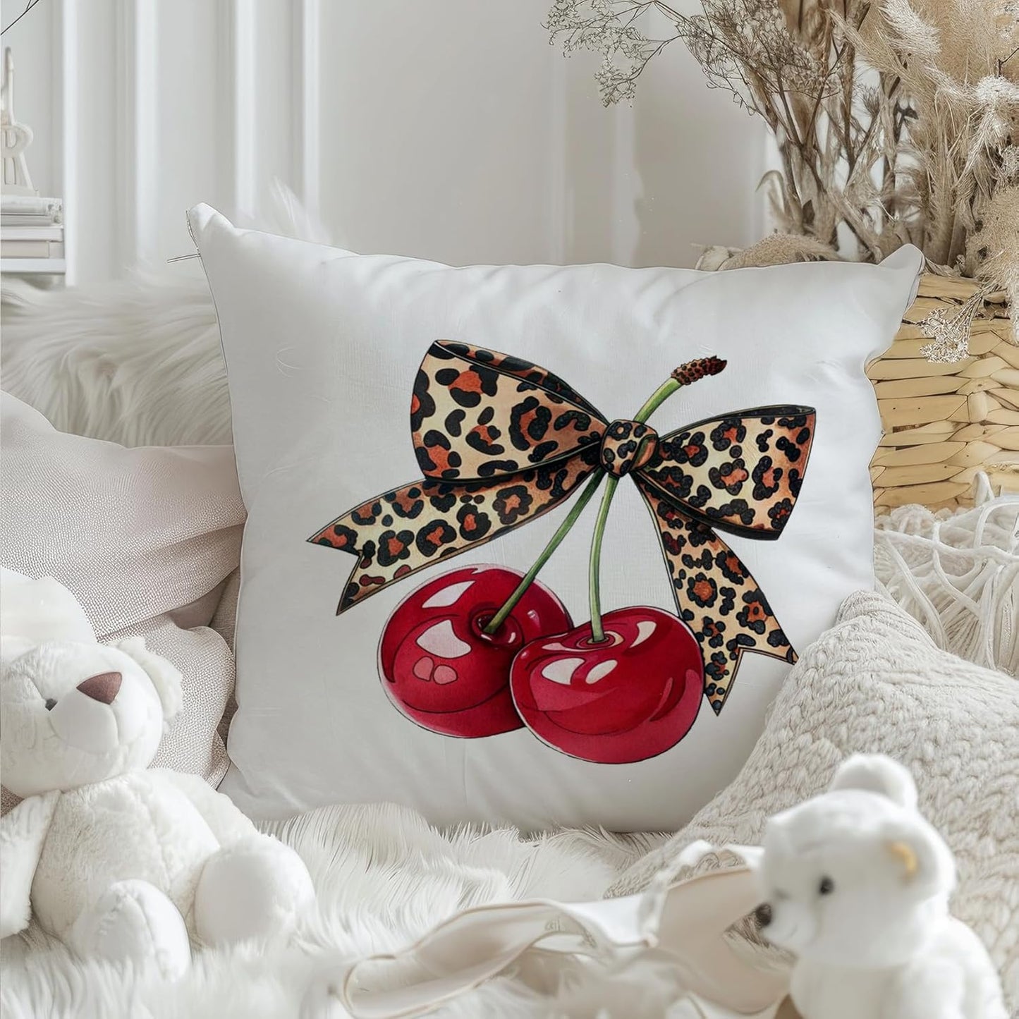 Coquette Leopard Bow Cherry Pillow Covers 18x18, Coquette Cheetah Print Room Decor, Preppy Girly Trendy Leopard Ribbon Cherry Decorative Throw Pillow Covers for Girls Dorm Apartment