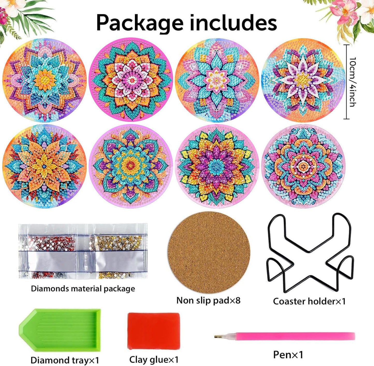 Meothan 8 Pcs Diamond Art Coasters Kits for Adults with Holder Cork Pads, Flowers Diamond Dots Art Painting Coasters Crafts Kit for Home Office Decor (Mandala Style)