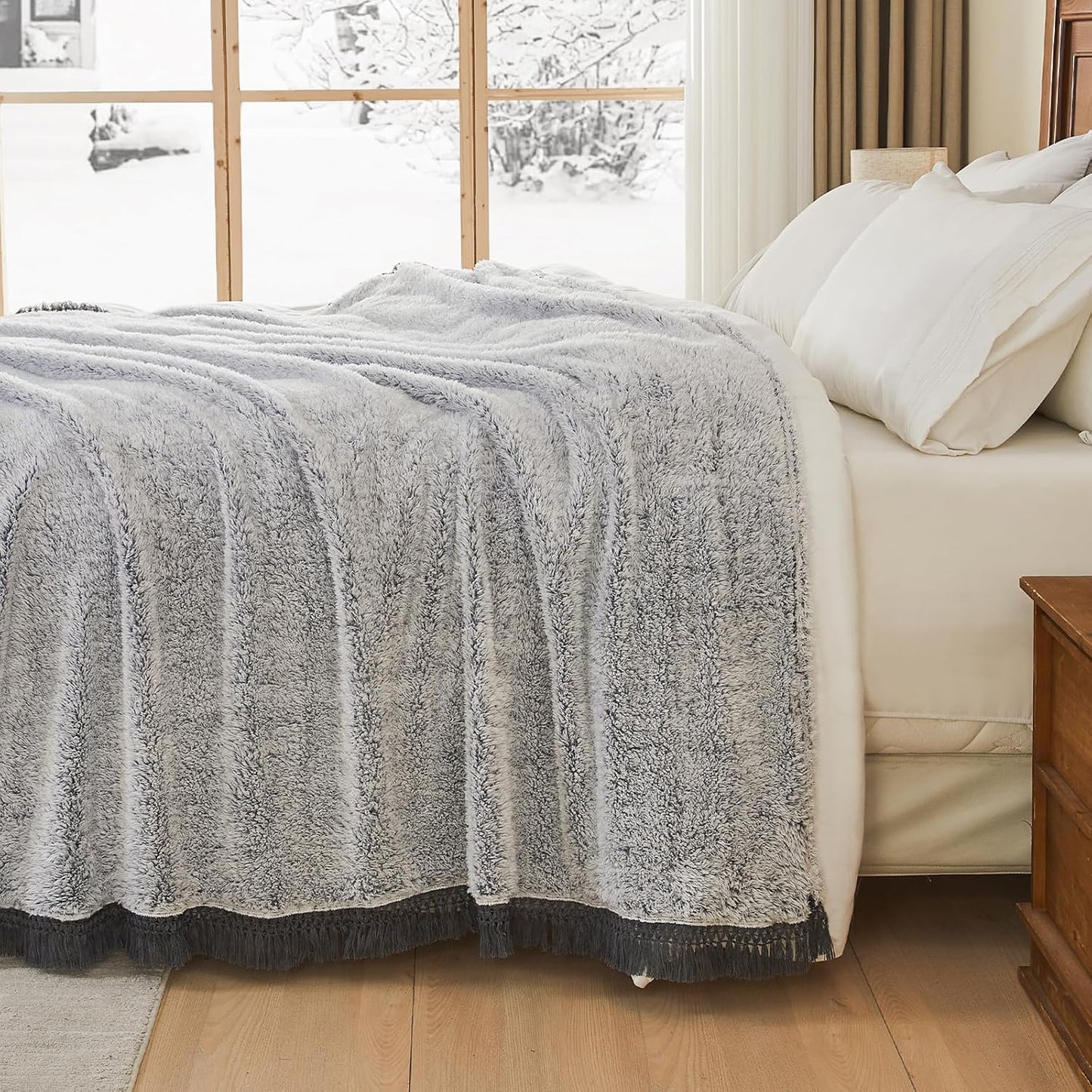 EMME Soft Sherpa Fleece Blanket with Tassel, Reversible Plush Fluffy Large Blanket, Light Weight Warm Decorative Boho Blanket Cover for Sofa, Couch, Bedroom,Travel(Tassel Grey,60"x80")