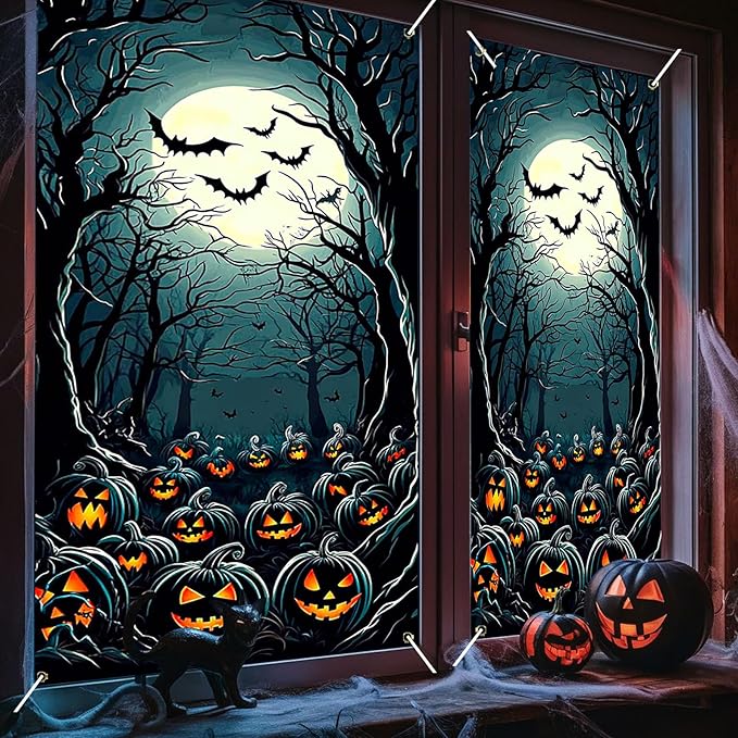 Nuxovilar Halloween Window Decorations, Ghosts in Pumpkin Field Halloween Window Cover for Indoor, Party, Haunted House, 31.5x47.3 Inches