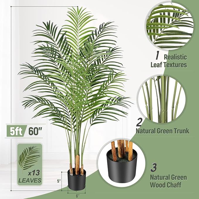 5ft Artificial Palm Tree Indoor Plant Tall Fake Tropical Paradise Palm Tree in Pot with Real Bark Design Faux Areca Palm Tree for Home Office Living Room Bedroom Farmhouse Modern Decor 2pcs