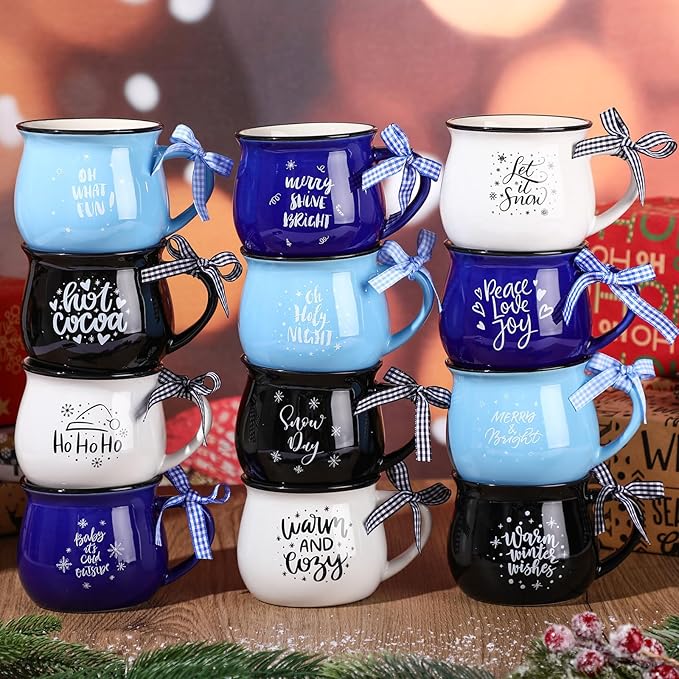 Zubebe Christmas Coffee Mugs Set of 12, 12 oz Hot Cocoa Ceramic Holiday Mugs Set for Mom, Woman, Family, Friend - Farmhouse Tiered Tray Decor, Coffee Bar Decor(Blue, White, Black)