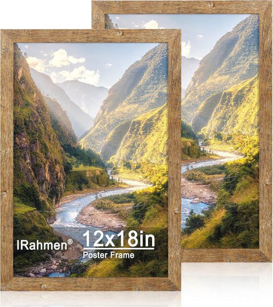 iRahmen 12x18 Picture Frame Set of 2 with Plexiglass, Rustic Brown Wood Poster Frame 12 x 18 for Photo Gallery Wall Mounting Horizontal and Vertical
