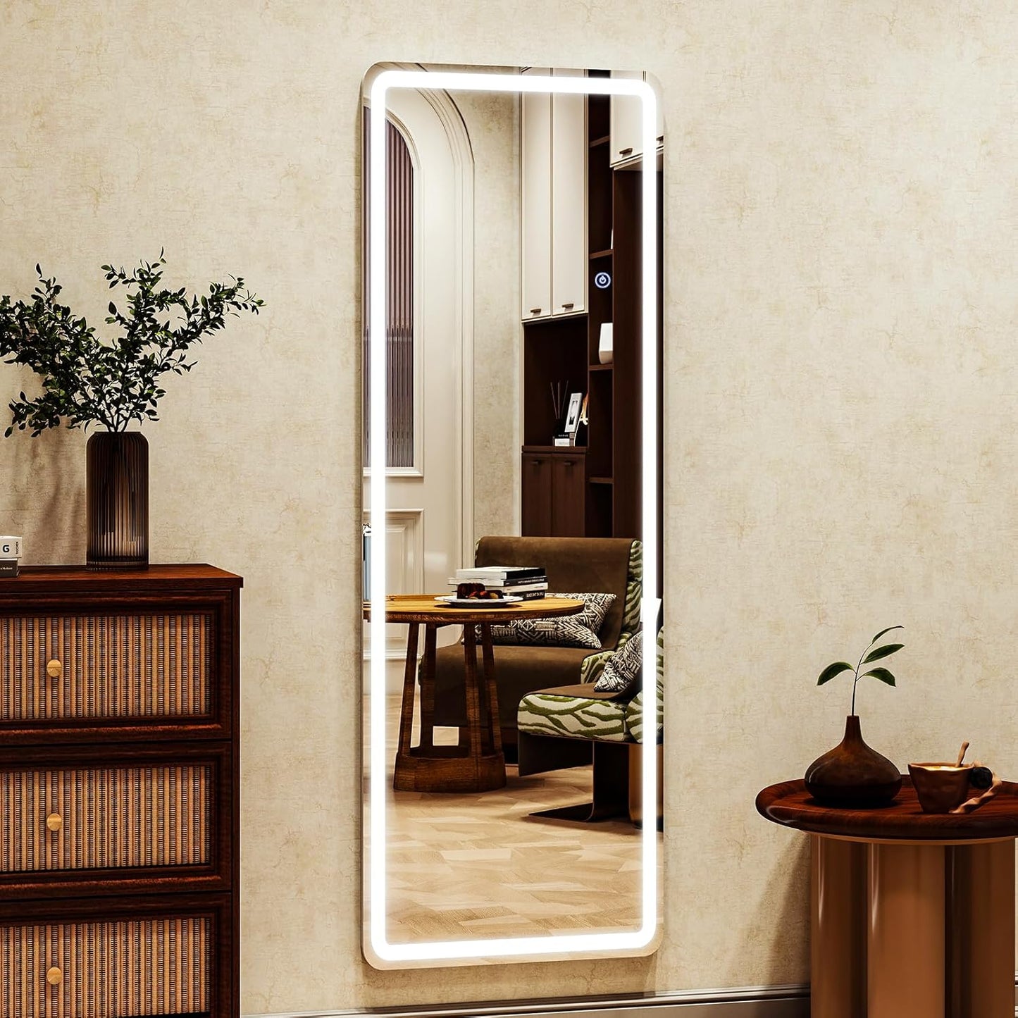 LED Rectangular Corner White Full Length Mirror - 16“ x 60” Brightness Adjustable, Touch Screen Control, Wall Mounted or Freestanding, for Bedroom Living Room Cloakroom Dressing Mirror