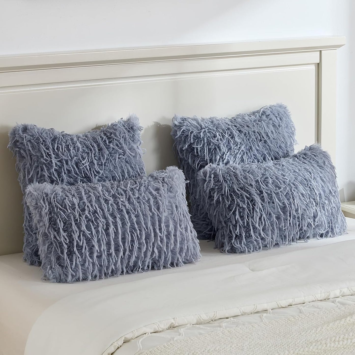 FUTEI Grey Blue Decorative Throw Pillow Covers 18x18 Inch Set of 2,Soft Fluffy Faux Feather Texture Cushion Cases,Modern Home Luxury Decor for Couch Bed Living Room
