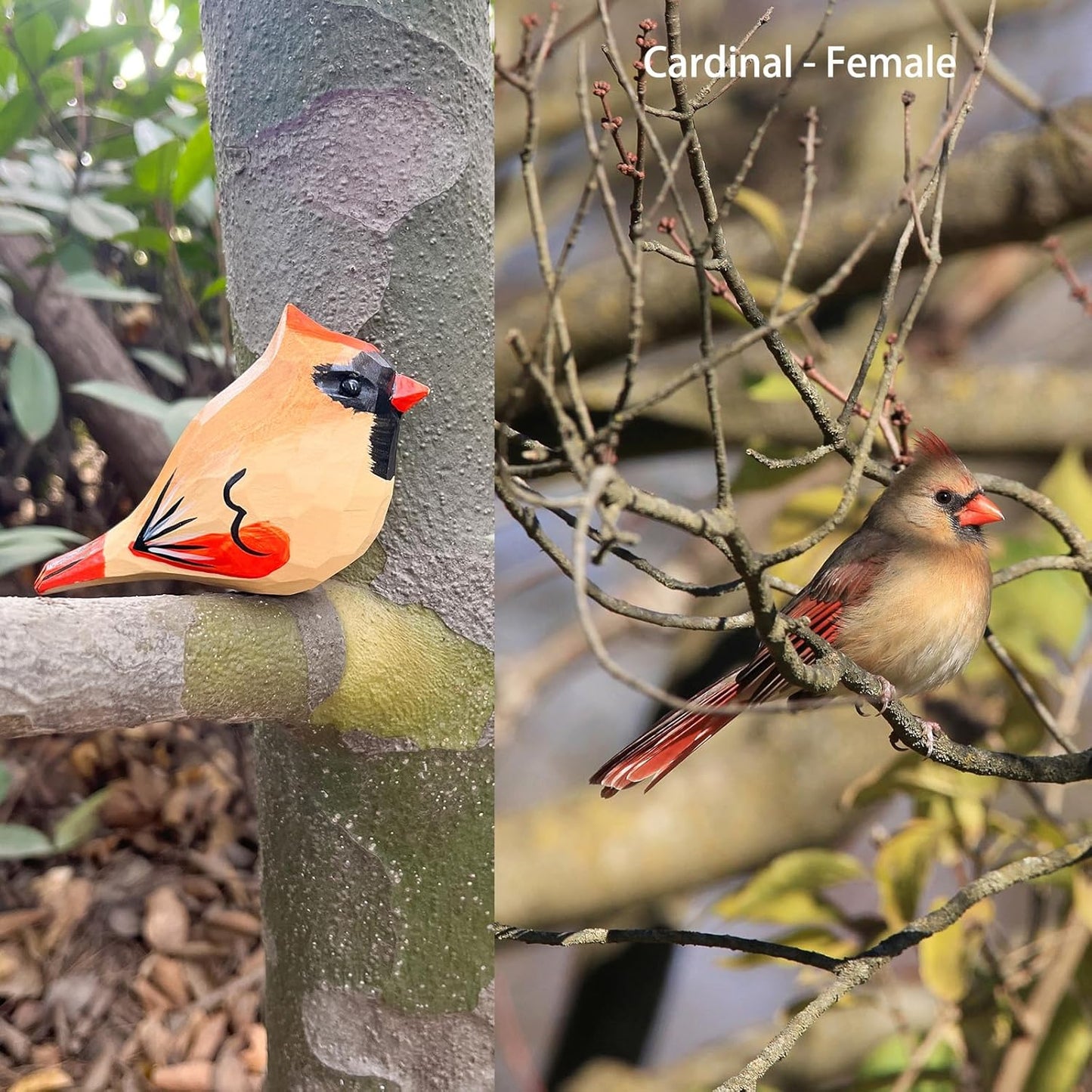 Hand Carved Bird Figurines, Hand-Painted Sculpted Wooden Birds, Wood Bird Sculptures for Home Decoration, Hand Crafted Life Like Bird Statues, Ideal Gifts for Bird Lovers (Female Cardinal)