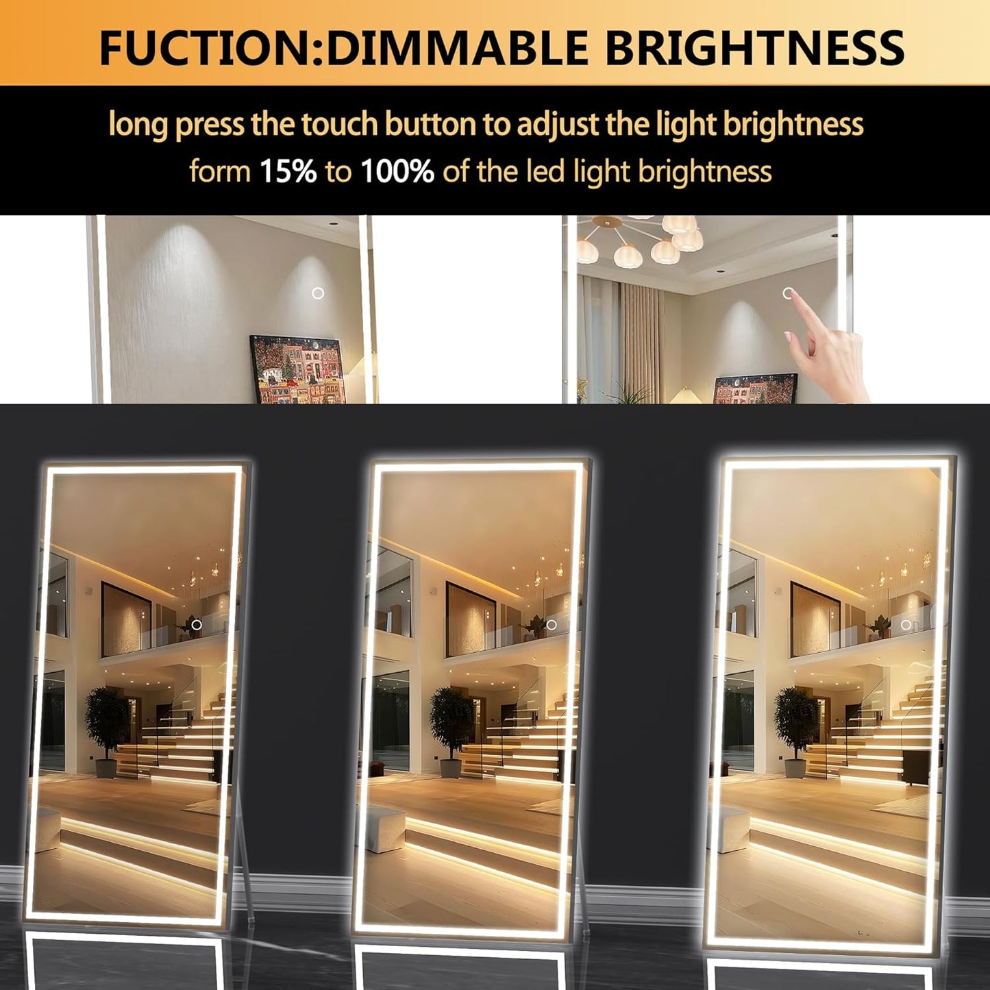 Hasipu Full Length Mirror with Lights, 79" x 36" LED Lighted Floor Standing Mirror, Full Body Dressing Hanging Mounted Mirrors, Dimmable, Tempered Glass, Safe to Use, Square Black