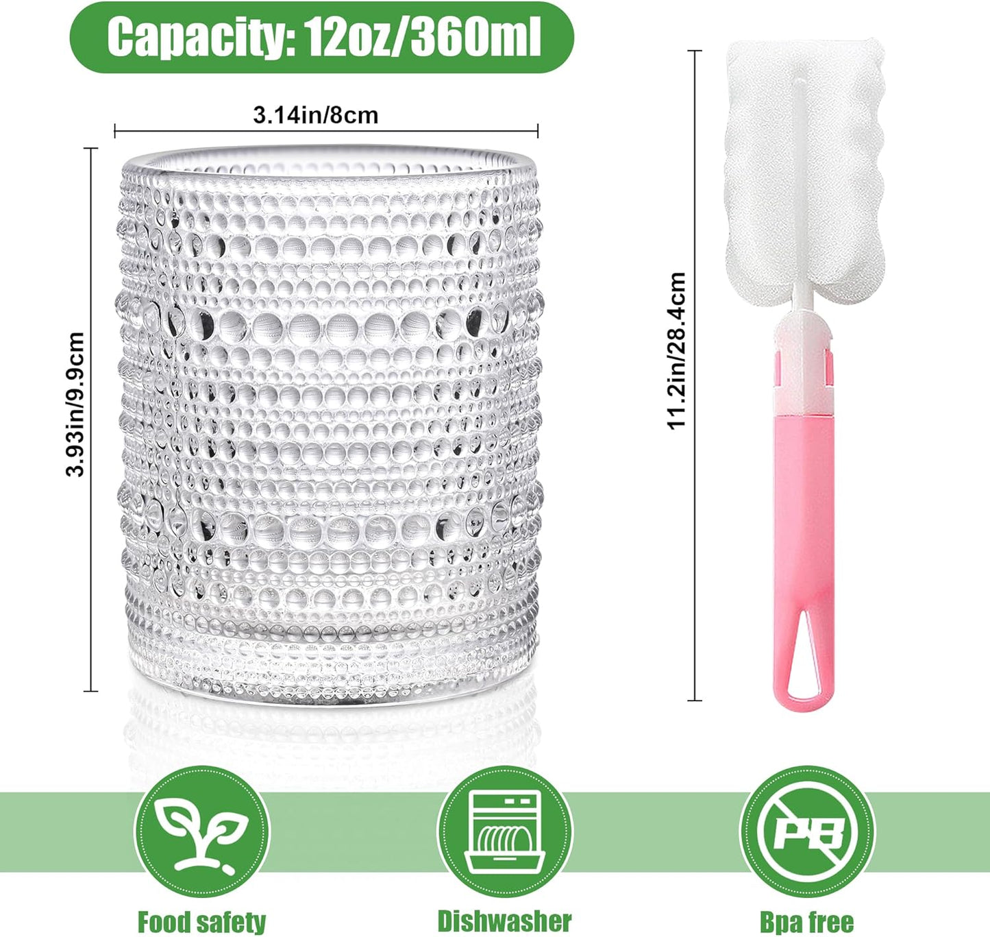 Hobnail Drinking Glasses Set of 6,12oz Vintage Glassware Embossed Vintage Water Cups Cocktail Glasses Juice Glasses