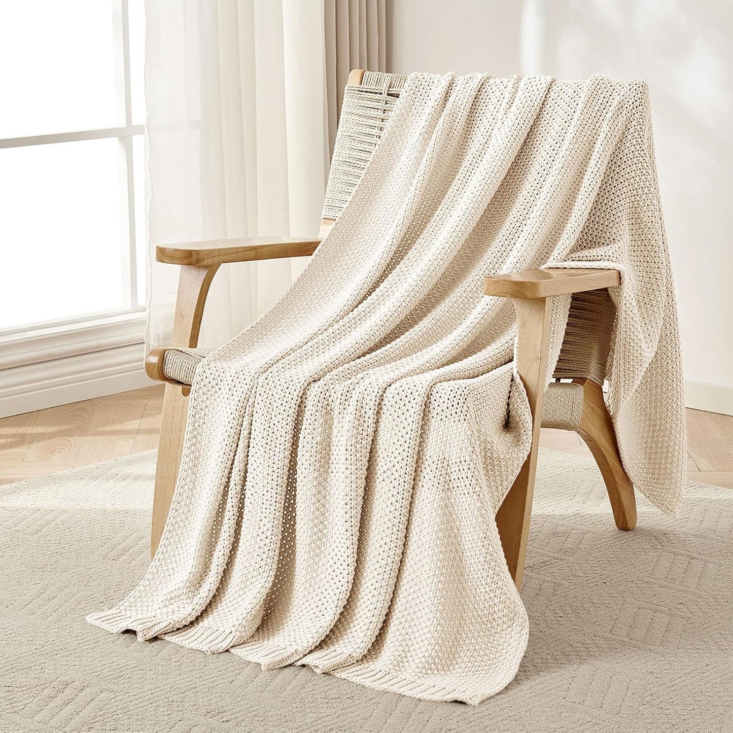 Joydeco Chunky Cable Knit Throw Blanket, Lightweight 100% Cotton Soft Cozy Throw Twin Blanket for Couch Bed and Sofa, Rustic Breathable Farmhouse Blanket Gift for Women Men(Cream White, 60"x80")