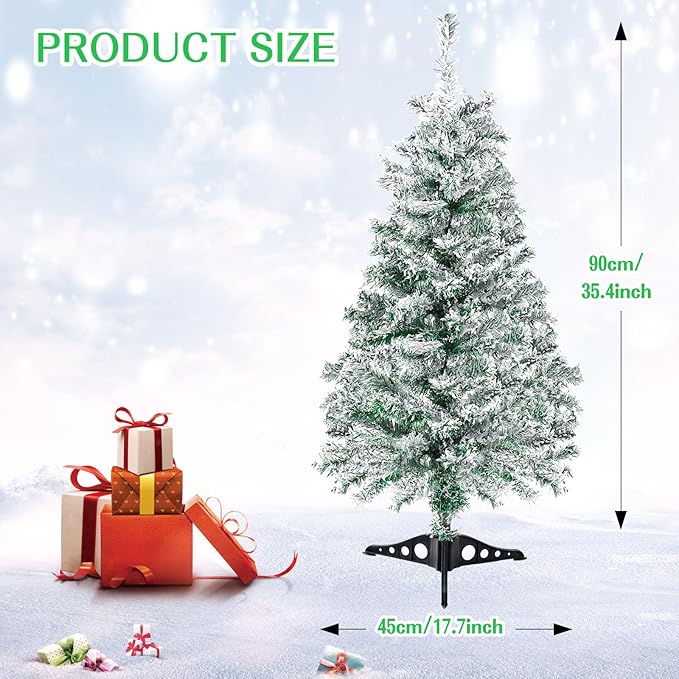 3FT Artificial Christmas Tree Green Tabletop Christmas Tree with Snow Flocked Mini Xmas Pine Tree with Plastic Stand for Indoor Outdoor Holiday Home Decoration