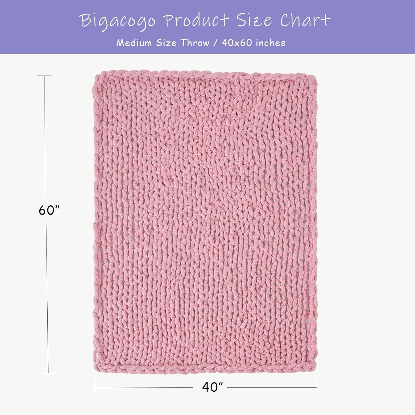 Bigacogo Chunky Knit Throw Blanket for Couch, 40x60 inches, 100% Hand Knitted with Thick Jumbo Chenille Yarn, Cozy Soft Large Rope Knot Cable Crochet Blankets for Sofa Bed Living Room, Blush Pink