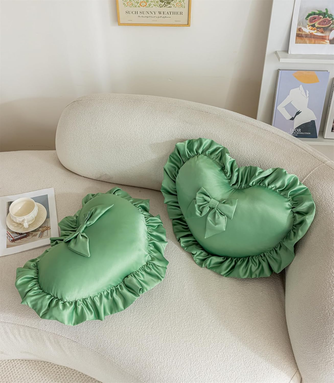 Heart Pillows, Cute Soft Room Decor Ruffled with Bow Love Heart Shape Throw Pillows Sofa Cushion Pillow for Living Room Bed Chair Car Decoration, Turquoise