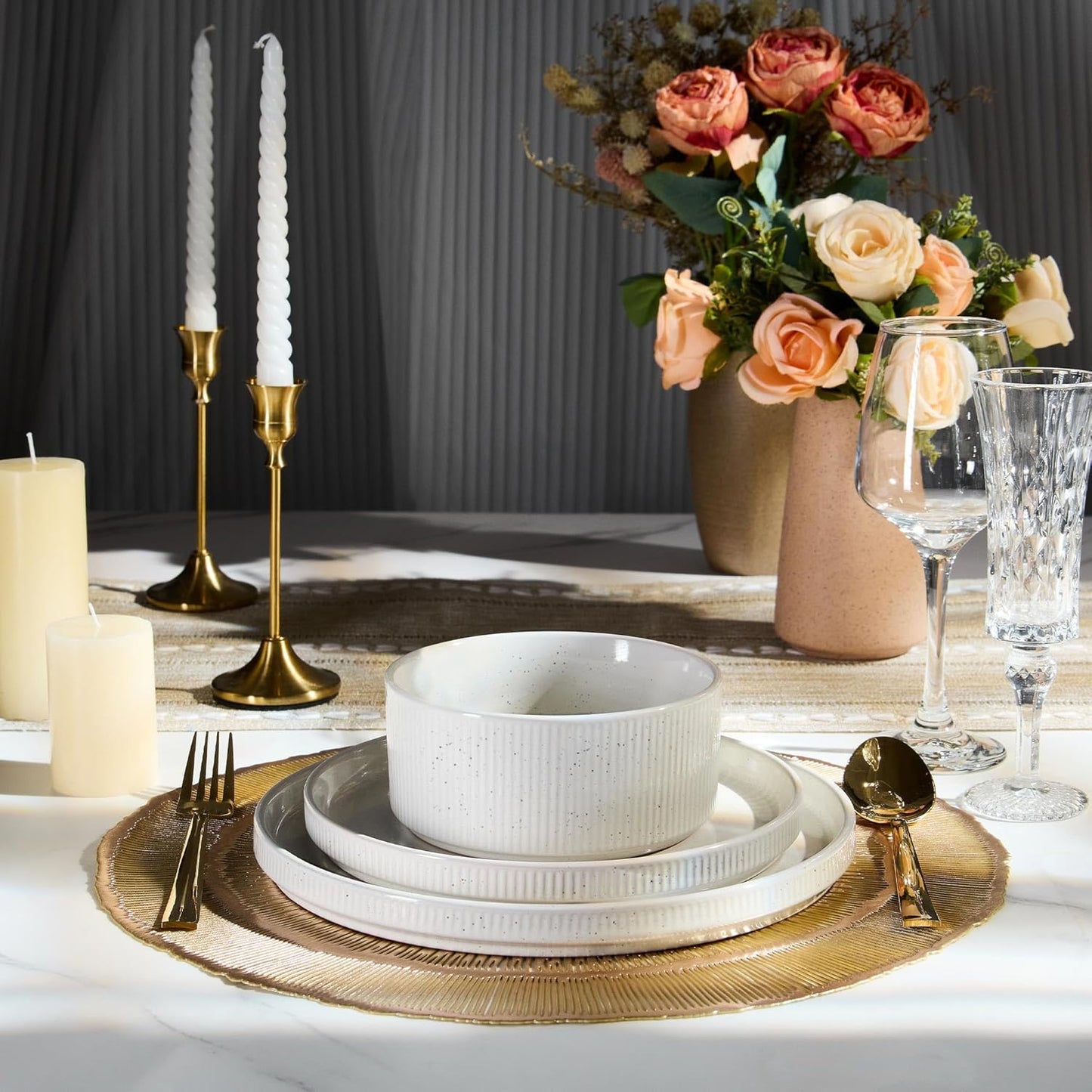 E-far Stoneware Dinnerware Sets, 18-Pieces Modern Plates and Bowls Sets, Kitchen Dinning Porcelain Dishes Set for 6, Chip & Scratch Resistant, Dishwasher & Microwave Safe, Speckled White