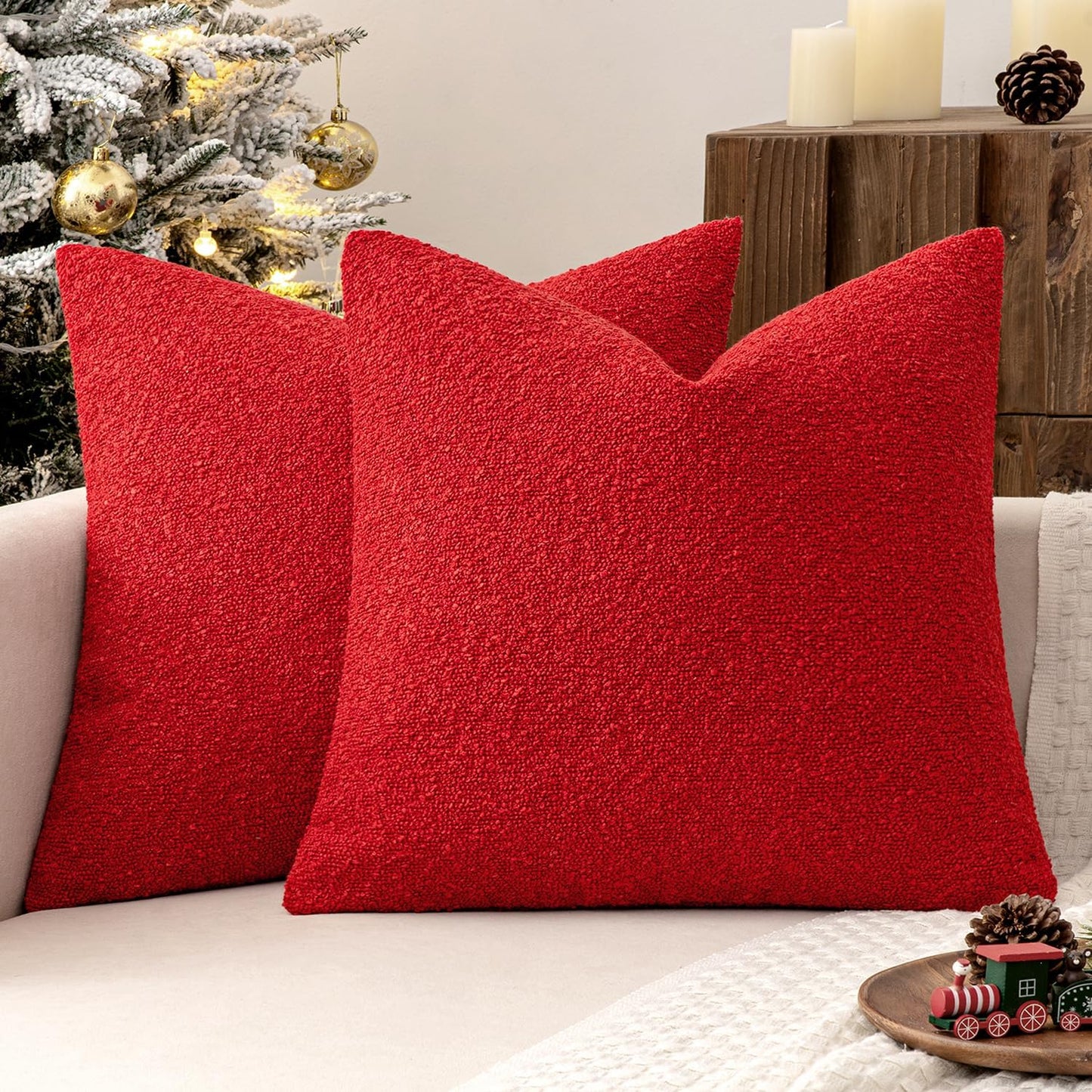 MIULEE 18x18 Inch Christmas Decorative Pillow Covers for Couch Bed Set of 2 Textured Boucle Neutral Winter Throw Pillows Red Accent Solid Cushion Pillowcases Sofa Livingroom Home Decor