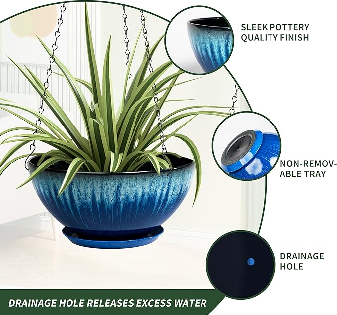 Hanging Planters for Indoor Outdoor Plants-2 Pack 10 inch Hanging Plant Pots with Drainage and Hanging Plant Holder, Hanging Planter for House Plants (Blue Flowing Glaze)