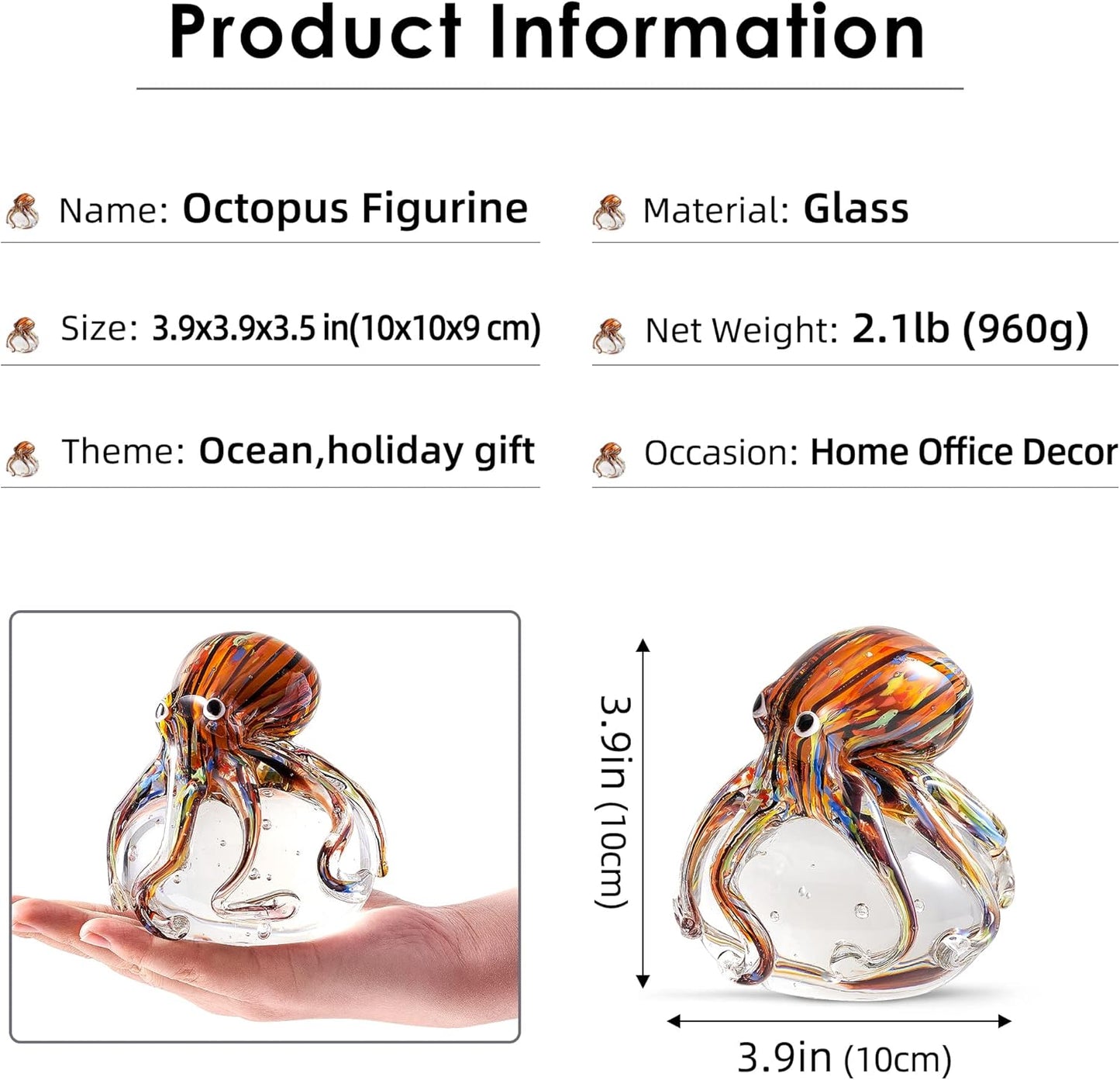 EUSTUMA Hand Blown Glass Octopus Figurine Ornament,Sea Animal Ornament for Fish Tank Aquarium,Sea Animals Collection for Birthday Gift,Glass Office Paperweight for Desk.