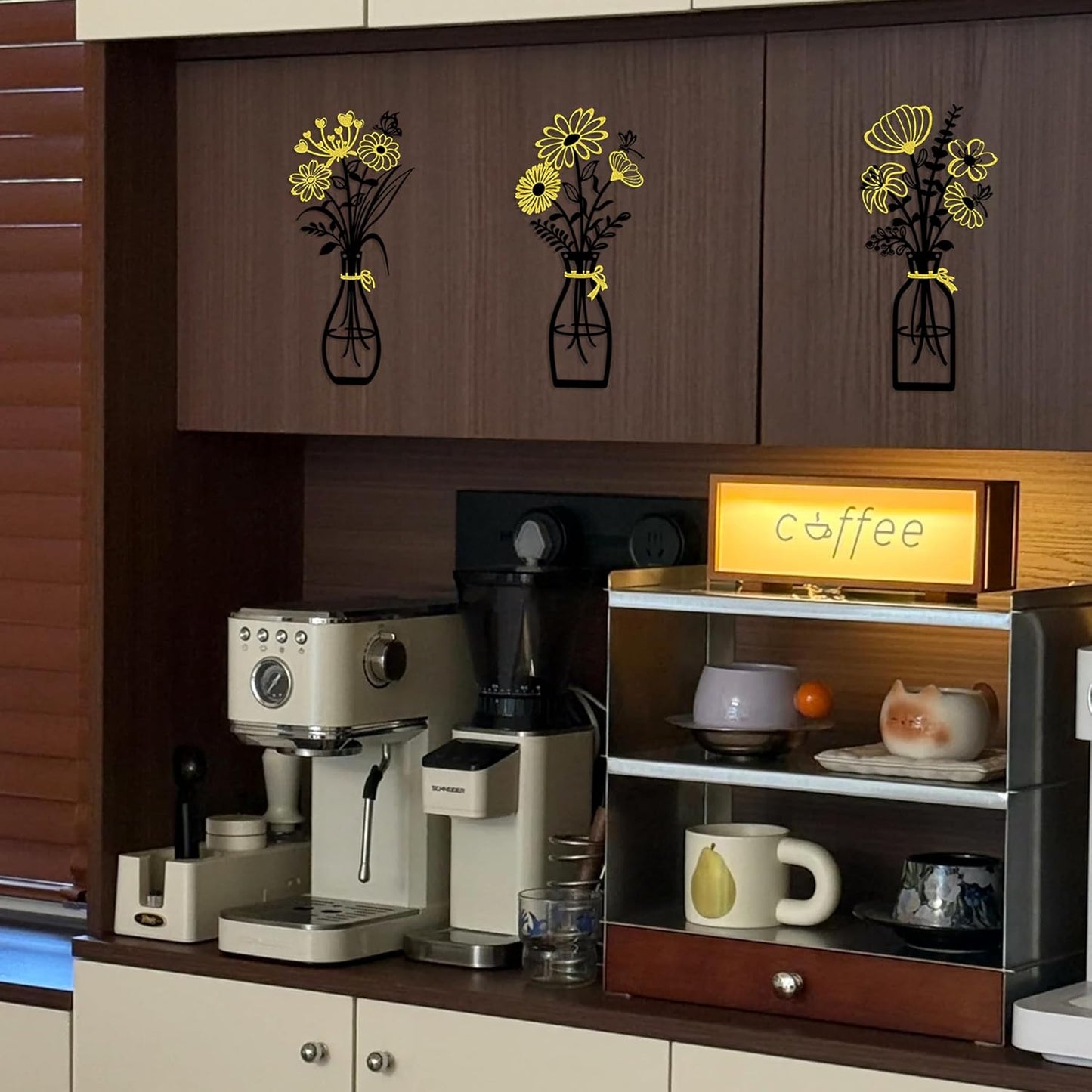 Iron Metal Vase Flower Wall Art Set of 3 - Minimalist Black Floral Decor for Living Room Bedroom Kitchen, Office Garden - Modern Farmhouse Home Decor & Housewarming Gifts (Black-Golden)