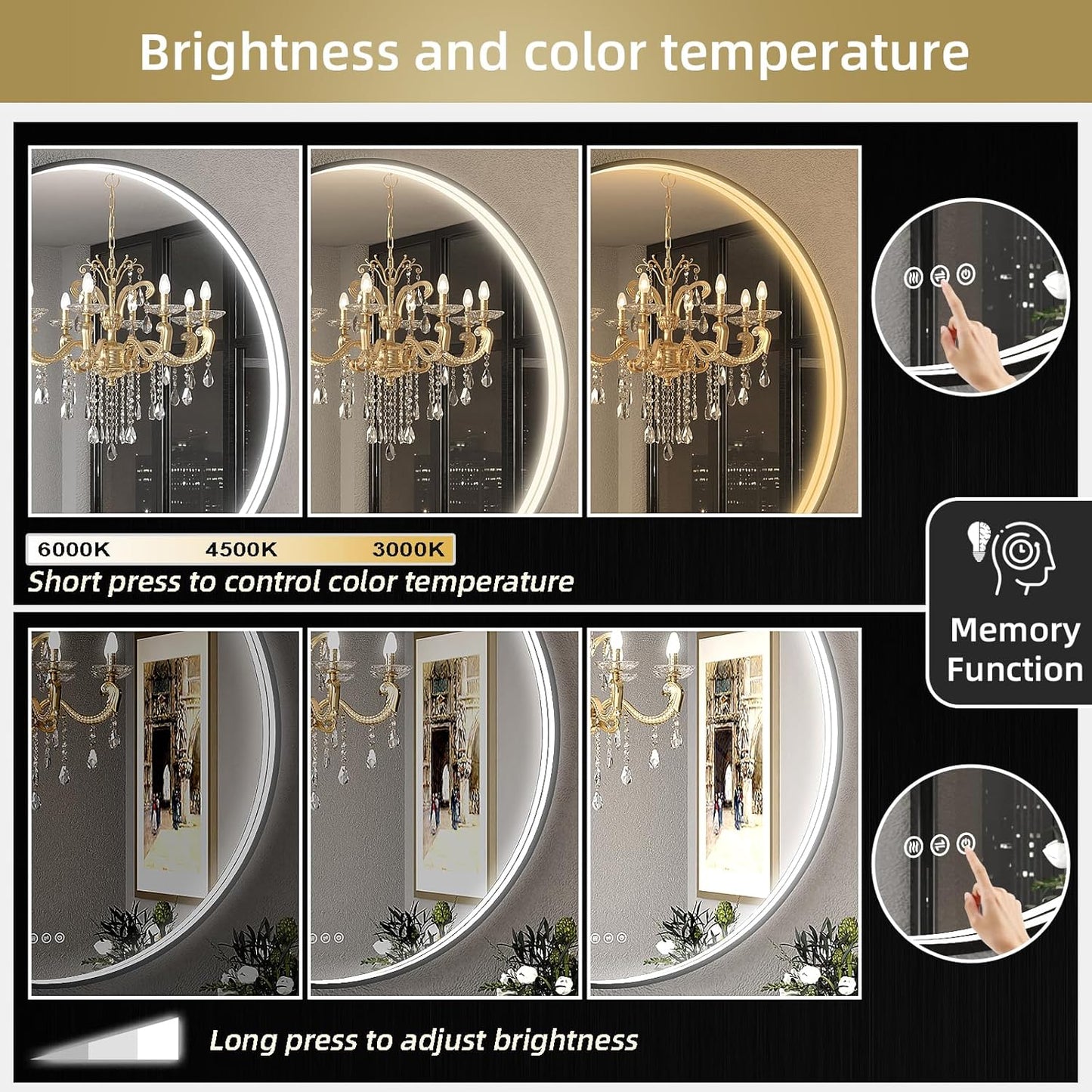 LED Bathroom Mirror with Black Framed 28 Inch, LED Mirror for Bathroom with Anti-Fog, Stepless Dimmable, Front Lit, Memory Function, Shatter-Proof