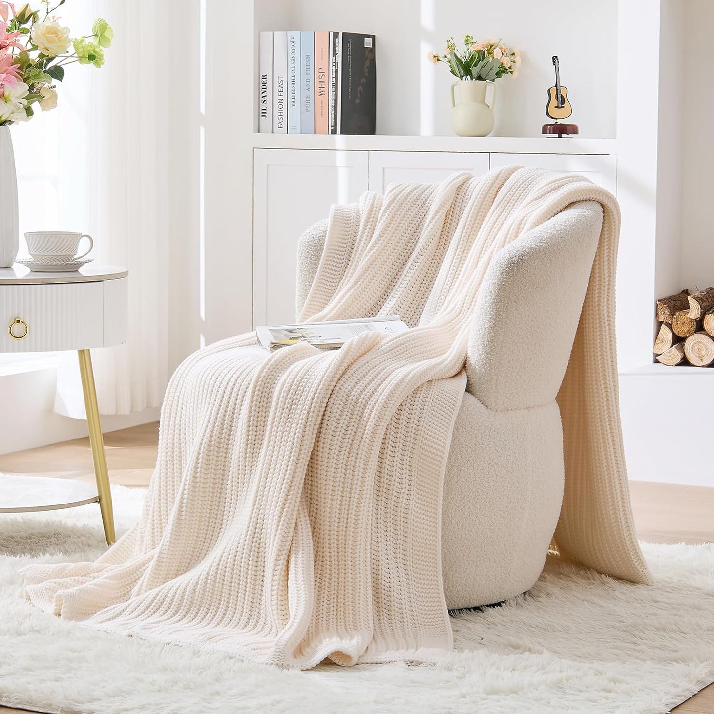 Chunky Knit White Throw Blanket for Couch Soft Cozy Thick Cable Knitted Throw Blankets for Sofa Bed Cute Decorative Christmas Throw Blanket for Living Room,50"x 60",Cream White