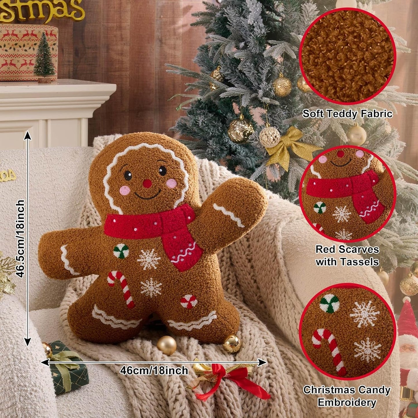 Lanpn Christmas Gingerbread Boy Pillow, Christmas Decoration Winter Throw Pillows Soft Fleece Sherpa Cute 3D Shaped Ginger Bread Man Throw Cushion for Sofa Bedroom Xmas Decor (18x18 inch)