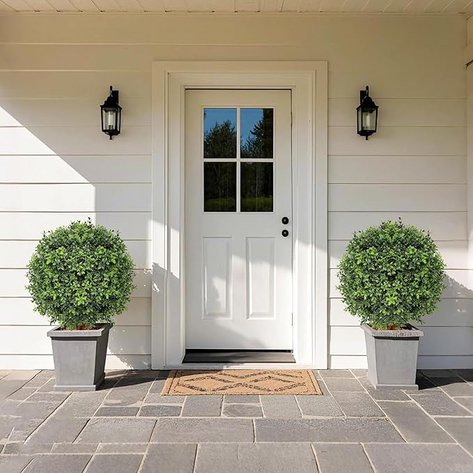 26 Inch Artificial Topiary Boxwood Ball Trees Outdoor – Set of 2 UV Resistant Faux Boxwood Topiary, Fake Potted Shrubs Evergreen for Front Door Porch Patio Balcony Home Decoration