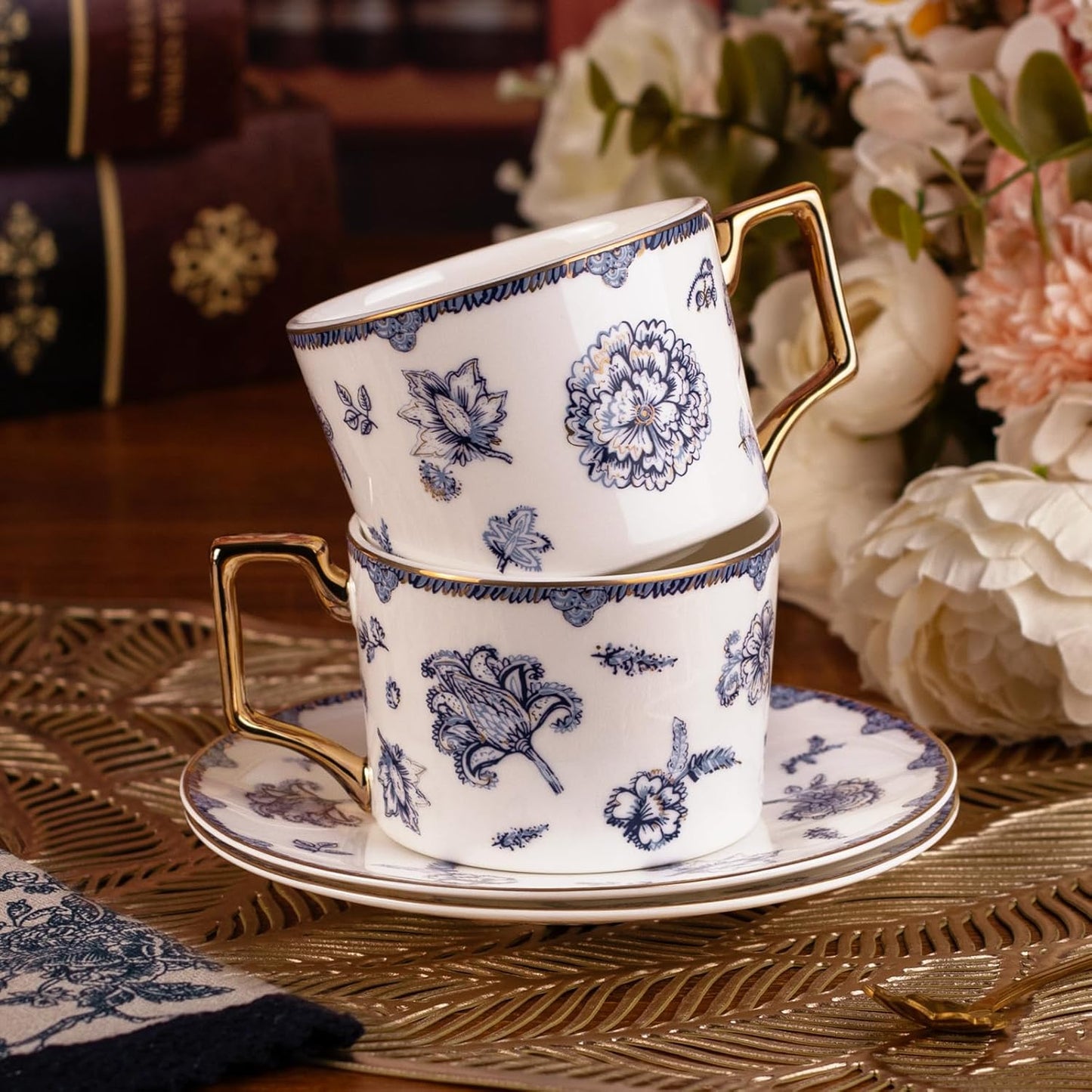 KAMMAK Tea Cups and Saucers Set of 2, Fine Bone China Coffee Cups, 8.5-Ounce Stackable Espresso Mugs, Ceramic Demitasse for Coffee, Cappuccino, Latte, Americano, Tea, English Navy