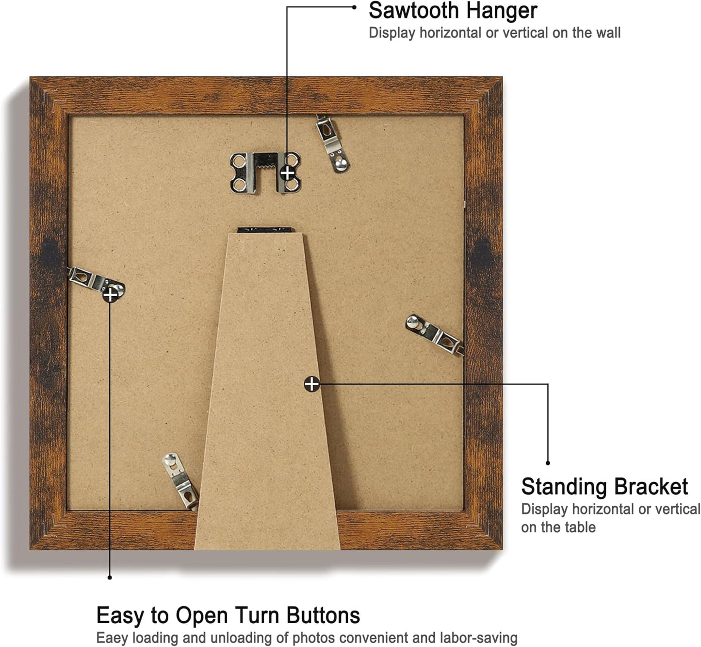 iRahmen 8x8 Picture Frame Set of 4 with HD Glass, Display 6x6 Pictures with Mat or 8 x 8 Without Mat, Rustic Wood Photo Frame for Wall Mount and Tabletop Display