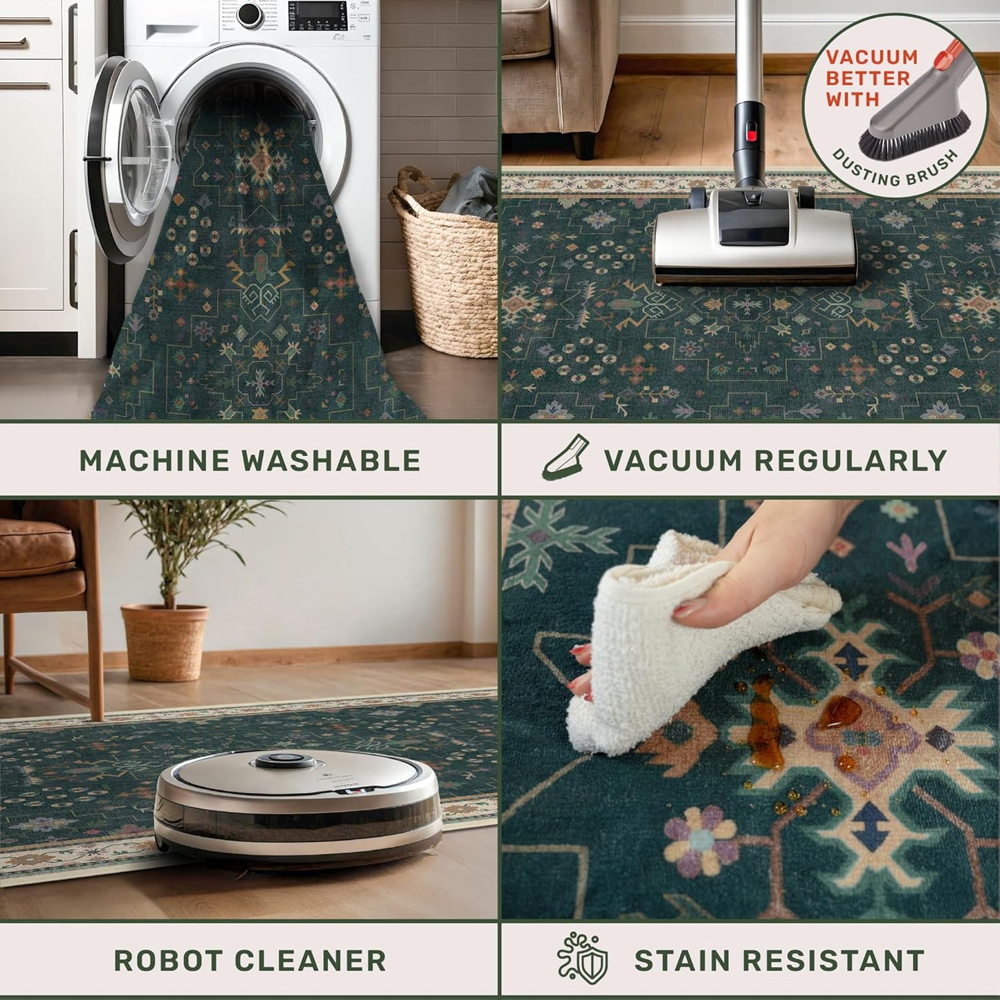 Dark Green Washable Kitchen Runner Rug, 2'6"x8' Wide & Long Non-Slip Rubber Backing Runner for Hallways, Stain Resistant Rugs for Entryway