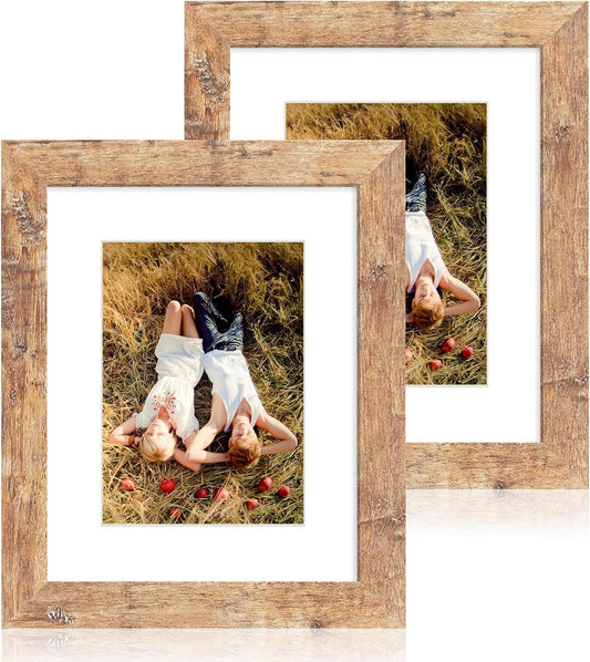 iRahmen 8x10 Picture Frame Set of 2, High Definition Real Glass Rustic Brown Wood Frame, Display Pictures 5x7 with Mat or 8 x 10 Without Mat for Tabletop or Wall Mounting