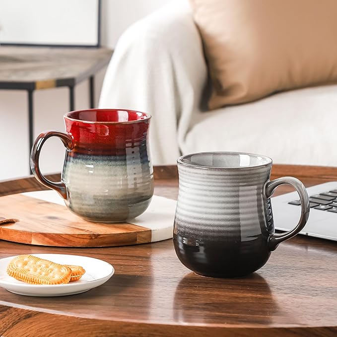 21 oz Large Ceramic Coffee Mugs, Pottery Mug Handmade, Ceramic Tea Cups with Handle for Office and Home, Dishwasher and Microwave Safe (Grey Black)