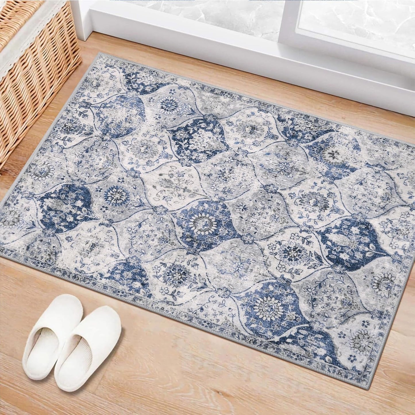 Lahome Moroccan Trellis Washable Rug, 2x3 Kitchen Rugs for Entryway Bathroom, Non-Slip Indoor Door Mat Ultra-Thin, Small Oriental Throw Carpet for Bedroom Entry, White/Royal Blue