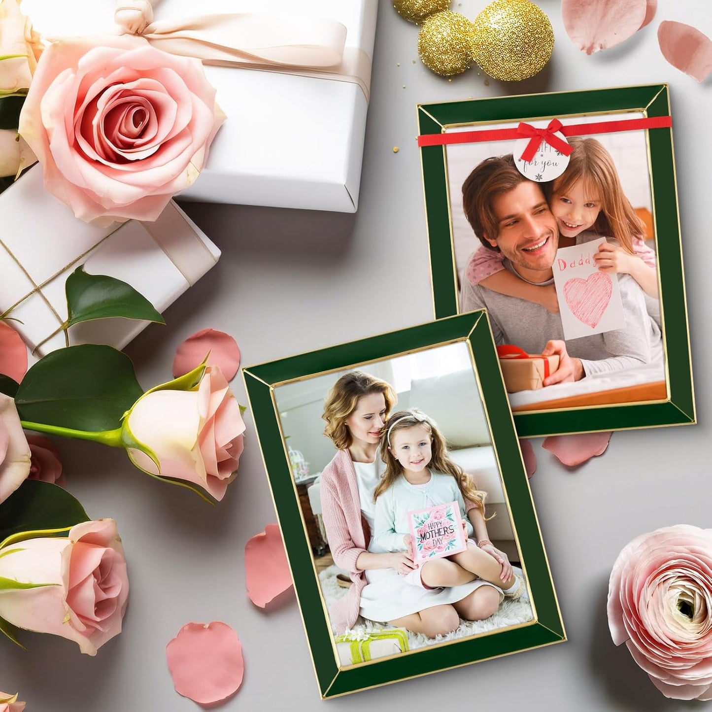 Frametory Enamel Picture Frame - 5x7 Gold Metal Edge Green Enamel Picture Frame With Easel and Velvet Back for Tabletop Display, Bookshelf, 5x7 Wall Decoration, Photo Frames-2 Set