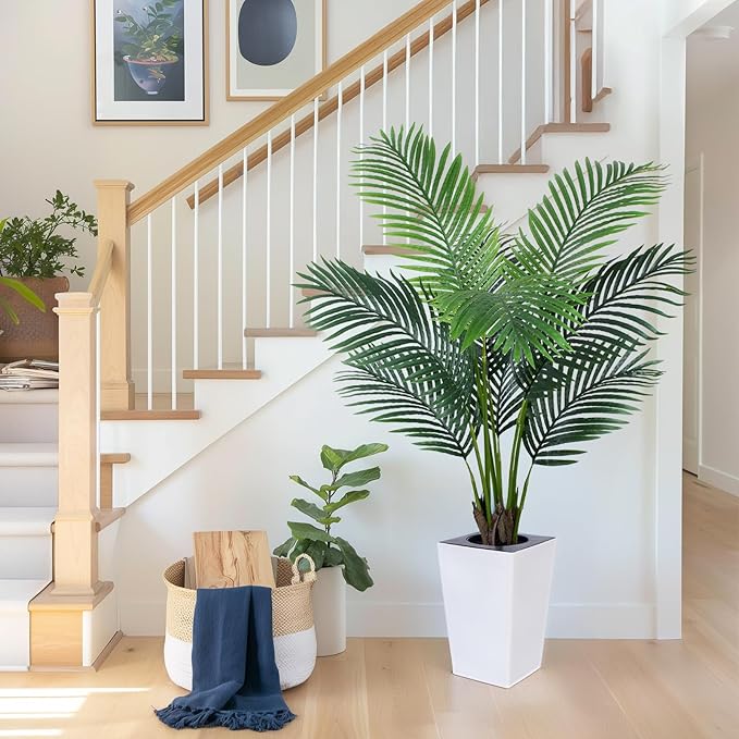 5FT Artificial Palm Tree with White Tall Planter - Fake Tree Areca Floor Plant in Pot - Artificial Silk Plants for Indoor Home Office Decor