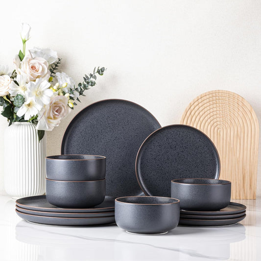 LERATIO Stoneware Dinnerware Sets for 4,Handcarft Ceramic Plates and Bowls Sets,Chip and Scratch Resistant Dishes, Dishwasher & Microwave Safe, Oven safe,Reactive Glaze-Speckled Ashen