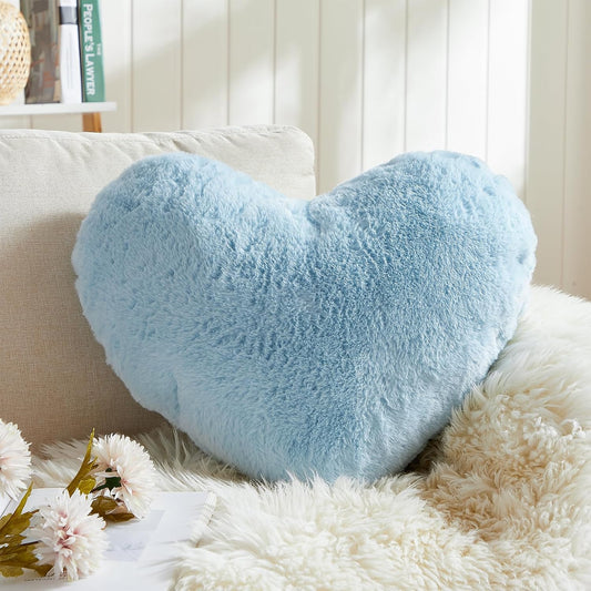 EastTree Heart Pillows, Light Blue Heart Shaped Pillows, Love Throw Pillows Gifts, Ultra Soft Faux Rabbit Fur Small Cute Pillows, Women Girls Kid Room Decor 10x13 Inch