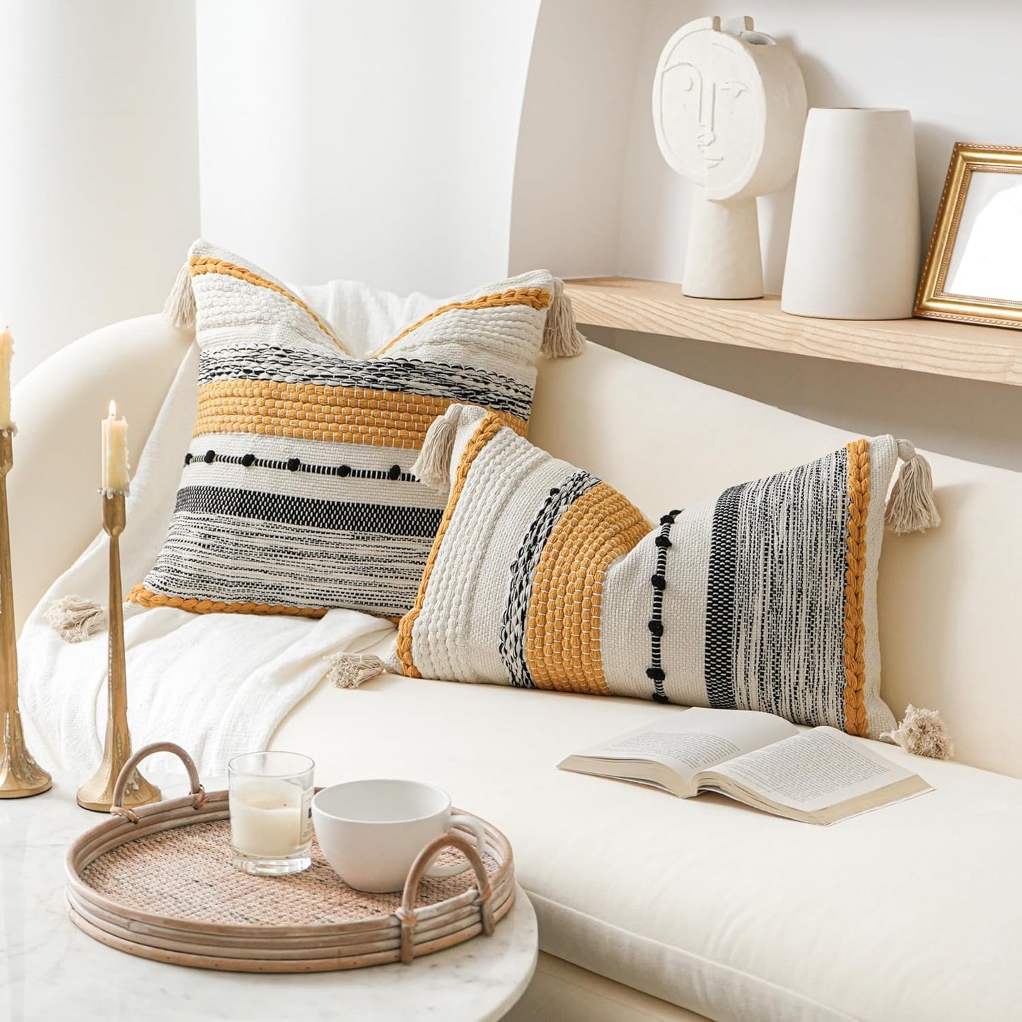 BlissBlush Fall Yellow Mustard Decorative Throw Pillow Cover 18x18 Square Boho Accent Pillowcase Tassels Farmhouse Cushion for Couch Sofa Bedroom Living Room Home Décor Cover ONLY