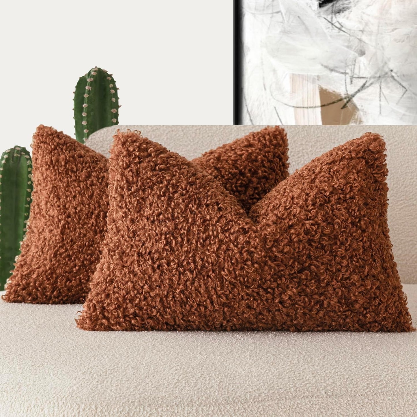 Foindtower Set of 2 Curly Teddy Wool Pillow Covers Decorative Boucle Textured Lumbar Throw Pillow Faux Fur Sherpa Pillowcases Sheepskin Fuzzy Cushion Case for Sofa Bedroom Car 12"x20" Hazel Brown
