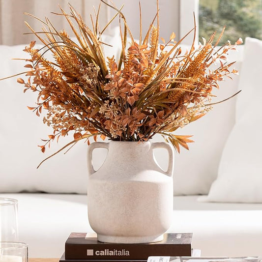 Mitt&Ditt Ceramic Flower Vase with Handles, 8 inch Tall Off-White Vase, Decorative Terracotta Vases, Farmhouse Rustic Pottery Vases for Home Decor, Living Room, Table