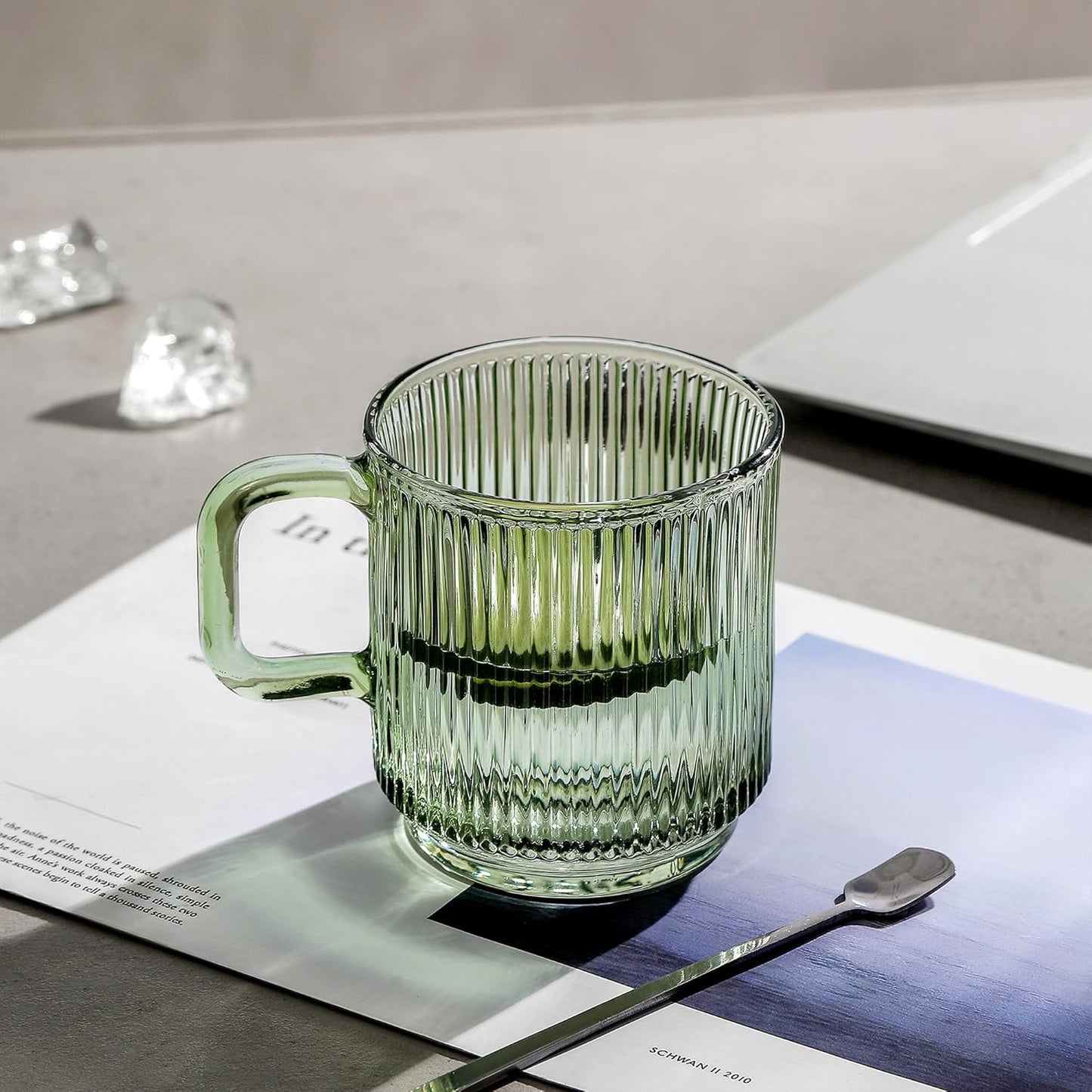 Lysenn Glass Coffee Mug with Lid - Premium Classical Vertical Stripes Glass Tea Cup - for Latte, Tea, Chocolate, Juice, Water - Lead-Free - Bamboo Lid - Lime Green