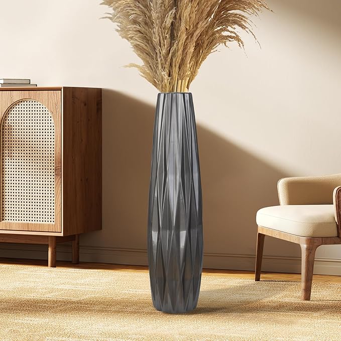 Silvery Ceramic Tall Floor Vase,28 Inch Large Modern Flower Vases for Home Décor,Wicker Big Floor Vase Decorations for Farmhouse, Living Room,Bedroom,Standing Plastic Vase Decorative Tall