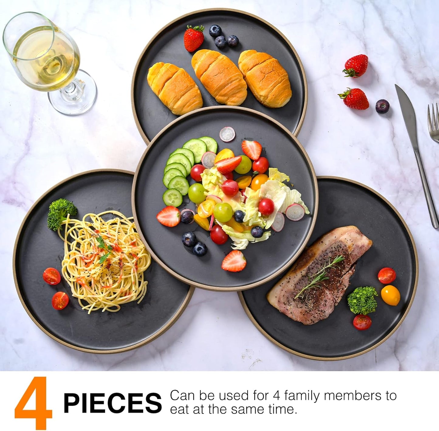 Dinner Ceramic black Plates (set of 4), 10 inch Black Porcelain Plates, Steak dinner plate, Kitchen Porcelain Serving Dishes for Salad, Pasta, Dessert, Microwave, and Dishwasher Safe