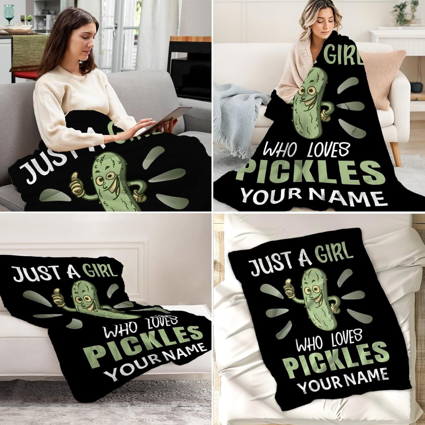 Custom Pickle Blanket for Girls - 50x60 Inches Throw Size with Name - Soft Fuzzy Plush Throws Gift - Black Novelty Throw Blanket for Bed, Couch, Sofa